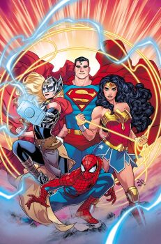 2boys 2girls armor black_bodysuit black_hair blonde_hair blue_eyes bodysuit breastplate cape clothing_cutout comic_cover commentary crossover dc_comics english_commentary grey_armor hammer hands_on_own_hips helmet highres holding holding_hammer holding_weapon jane_foster lasso_of_truth lightning long_hair looking_at_viewer marvel matt_wilson mjolnir_(marvel) multiple_boys multiple_girls muscular muscular_male official_art peter_parker red_background red_cape russell_dauterman short_hair spider-man spider-man_(series) spider_web_print squatting stomach_cutout superhero_costume superman superman_(series) textless_version thor_(jane_foster) thor_(marvel)_(series) toned toned_female weapon western_comics_(style) winged_helmet wonder_woman wonder_woman_(series)