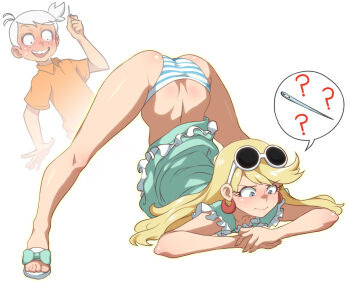 1boy 1girl :d ? accidental_exposure ass bare_legs blonde_hair blue_eyes blush bow commentary dress earrings eyewear_on_head flip-flops footwear_bow freckles frill_trim frilled_dress frilled_sleeves frills full_body green_bow green_dress hair_spread_out hoop_earrings incest jack-o&#039;_challenge jcm2 jewelry legs legs_apart leni_loud lincoln_loud long_hair meme needle no_socks nose_blush open_mouth orange_shirt panties round_eyewear sandals shirt short_sleeves simple_background smile speech_bubble spoken_object spoken_question_mark striped_clothes striped_panties sunglasses sunglasses_on_head swept_bangs the_loud_house top-down_bottom-up underwear white-framed_eyewear white_background white_hair