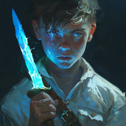 Rule 34 | 1boy, absurdres, child, commentary, dark background, duy phan (bloodyman88), energy, english commentary, fantasy, glowing, glowing weapon, highres, holding, holding knife, knife, lightning, looking at viewer, original, painting (medium), short hair, solo, traditional media, upper body, weapon