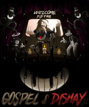 1girl 4boys absurdres alice_angel bendy bendy_and_the_ink_machine blob book boris_the_wolf bow bowtie candle cane english_text evil_smile halo hat highres holding holding_book ink laughing multicolored_hair multiple_boys overalls patchwork_clothes projector_screen reading sammy_lawrence sepia shinyzango smile snapping_fingers stage theater top_hat two-tone_hair