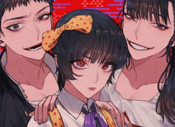 1girl 2boys black_eyes black_hair cheolsu closed_mouth collarbone collared_shirt commentary_request dress evil_smile gakuran highres kanabun_(shoujo_tsubaki) midori_(shoujo_tsubaki) multiple_boys open_mouth parted_lips polka_dot polka_dot_dress polka_dot_ribbon ponytail purple_ribbon red_background red_eyes ribbon school_uniform shirt short_hair shoujo_tsubaki smile tank_top teeth white_shirt yellow_dress yellow_ribbon