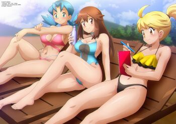 3girls absurdres ahoge applying_sunscreen arm_support barefoot beach beach_chair bikini blonde_hair blue_eyes blue_hair blue_one-piece_swimsuit blush bottle breasts brown_eyes brown_hair chair cleavage cloud collarbone covered_erect_nipples frilled_bikini frills green_(pokemon) high_ponytail highres holding holding_bottle holding_notebook holding_pencil holding_sunscreen kris_(pokemon) large_breasts layered_bikini long_hair looking_at_viewer lotion low_twintails mountain multiple_girls navel nintendo notebook one-piece_swimsuit pencil pink_bikini pokemon pokemon_adventures ponytail sand sitting sky small_breasts smile sunscreen swimsuit tree twintails yellow_(pokemon) yellow_bikini yellow_eyes zel-sama