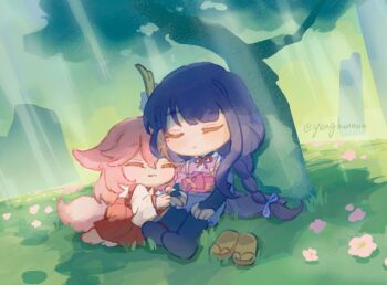 2girls animal_ears chibi chinese_commentary commentary_request floppy_ears fox_ears genshin_impact hair_between_eyes highres japanese_clothes kimono very_long_braid long_hair low-tied_long_hair multiple_girls pink_hair purple_hair purple_kimono purple_sleeves raiden_shogun sleeping tree yae_miko yangjiao_mianbao_(yangbunnnn) yuri