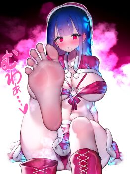 1girl barefoot blue_hair blush boots feet hat highres long_hair looking_at_viewer panties pantyshot parted_lips red_eyes santa_costume santa_hat shoes soles steam toes underwear unworn_boots unworn_shoes w_(w64851564)