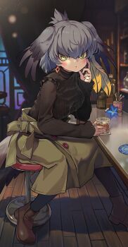 1girl absurdres alcohol bar_stool bird_tail blue_flower blush breasts brown_shoes brown_sweater cup drink drinking_glass earrings feathers finger_to_cheek flower frills glass grey_hair hair_between_eyes hand_up head_wings highres holding holding_cup ice ice_cube index_finger_raised jewelry kemono_friends large_breasts looking_at_viewer medium_hair melaton multicolored_hair ribbed_sweater shoebill_(kemono_friends) shoes sidelocks solo stool sweater tail turtleneck turtleneck_sweater wings yellow_eyes