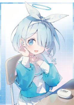 1girl arona_(blue_archive) blue_archive blue_hair blue_halo blue_serafuku blue_shirt bow_hairband braid chair choker colored_inner_hair desk earbuds earphones hair_over_one_eye hairband halo headphones highres holding holding_earphones holding_headphones looking_at_viewer multicolored_hair neckerchief official_art on_chair open_mouth pink_hair ribbon sailor_collar school_chair school_desk school_uniform serafuku shirt short_hair single_braid sitting upper_body white_choker white_neckerchief white_ribbon white_sailor_collar yatsuha_(hachiyoh)