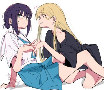 Rule 34 | 2girls, absurdres, atenaba, black shirt, blonde hair, blush, cho kaguya-hime!, girl on top, green eyes, heart, highres, interlocked fingers, kaguya (cho kaguya-hime!), long hair, looking to the side, loose clothes, loose shirt, multiple girls, nervous sweating, on floor, orange eyes, purple hair, sakayori iroha, school uniform, shirt, sweat, white background, yuri