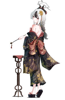 1girl absurdres alternate_costume alternate_hairstyle back_bow bare_back bare_shoulders black_hair black_kimono black_nails black_sandals blue_archive blush bow closed_mouth demon_girl demon_horns floral_print floral_print_kimono flower from_behind gradient_hair grey_halo hair_flower hair_ornament halo highres hit_by_hit holding holding_smoking_pipe horns japanese_clothes kayoko_(blue_archive) kimono long_braid long_hair looking_at_viewer multicolored_hair no_socks print_kimono red_bow red_eyes red_sash sandals sash sidelocks smoking_pipe solo two-tone_hair white_hair yellow_flower