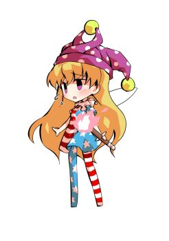 1girl american_flag american_flag_dress american_flag_legwear american_flag_print blonde_hair chibi chibi_only clownpiece commentary_request dairi fairy_wings flag_print full_body hat holding holding_torch jester_cap large_variant_set long_hair no_shoes pantyhose polka_dot_headwear purple_hat short_sleeves simple_background solo tachi-e torch touhou transparent_background variant_set wings