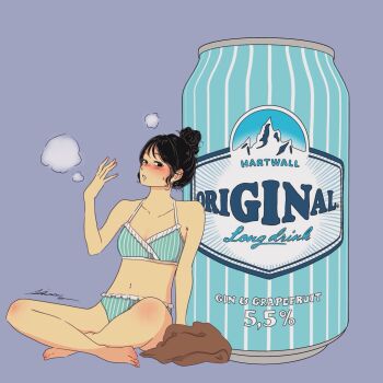 1girl arm_support armpit_crease artist_name barefoot bikini black_eyes black_hair blush breasts can cleavage collarbone commentary_request drink_can frilled_bikini frills full_body green_bikini hair_bun hand_up hartwall highres hot indian_style lisa_(illustsan430) logo looking_at_viewer navel nose_blush open_mouth original oversized_object procreate_(medium) purple_background short_hair sidelocks sideways_glance signature simple_background single_hair_bun sitting small_breasts solo steam stomach striped_bikini striped_clothes sweat swimsuit turning_head unworn_clothes vertical-striped_bikini vertical-striped_clothes