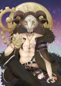 1boy abs aqua_background bare_pectorals belt belt_buckle belt_collar black_belt black_coat black_horns black_pants blonde_hair buckle caprico_(shining_nikki) clock coat collar commentary_request cross cross_necklace crossed_ankles curled_horns cyborg fake_horns feet_out_of_frame gears glitch goat_mask gradient_background highres holding_clock hood hood_up hooded_coat horns horns_through_headwear jewelry looking_at_viewer male_focus multiple_belts necklace nikki_(series) no_mouth open_clothes open_coat pants pectorals purple_background shining_nikki short_hair sitting solo tomo_(t_2knote) toned toned_male white_mask yellow_eyes zipper zipper_pull_tab