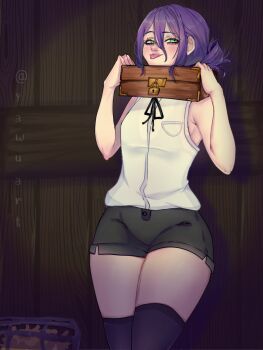 armpits arms_up captured chainsaw_man collar half-closed_eyes highres reze_(chainsaw_man) shirt shorts sleeveless tongue tongue_out trapped yawuart