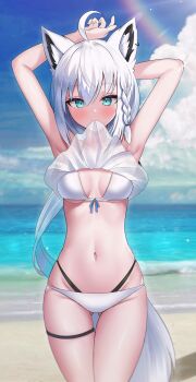 1girl absurdres ahoge animal_ears armpits arms_behind_head arms_up bare_shoulders beach bikini blue_eyes braid breasts breasts_apart cowboy_shot day fox_ears fox_girl fox_tail frills front-tie_bikini_top front-tie_top gluteal_fold halterneck highres hololive kumarang lifting_own_clothes long_hair looking_at_viewer medium_breasts mouth_hold multi-strapped_bikini navel outdoors see-through_clothes shirakami_fubuki skindentation solo standing stomach string_bikini swimsuit tail thigh_gap thigh_strap thighs virtual_youtuber white_bikini white_hair