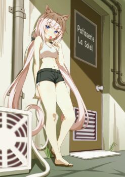 1girl :o absurdres air_conditioner animal_ear_fluff animal_ears black_bow black_shorts blue_eyes blush bow breasts brown_sandals candy cat_ears cat_girl cat_tail crop_top door doorknob doormat english_text food hair_bow highres holding holding_candy holding_food holding_lollipop in-universe_location industrial_pipe lollipop long_hair low_twintails md5_mismatch midriff navel nekopara open_mouth outdoors pink_hair resolution_mismatch sandals shorts sign slit_pupils small_breasts source_larger tail tank_top twintails vanilla_(nekopara) vent_(object) very_long_hair vneckstore weeds white_tank_top