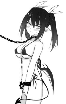 1girl absurdres bikini blush breasts chain chained collar covered_erect_nipples cowboy_shot cuffs demon_girl demon_tail demon_wings diablos_(makai_gacha) from_side greyscale hair_between_eyes hair_ribbon hako_roku highres jitome large_breasts leash long_hair looking_at_viewer low_wings makai_gacha_wa_kyou_mo_shibui metal_collar micro_bikini monochrome non-web_source oppai_loli pointy_ears raised_inner_eyebrows ribbon shackles side-tie_bikini_bottom sidelocks solo standing swimsuit tail twintails wings