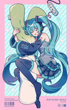 1girl amagi_hana aqua_eyes barcode battery_indicator black_skirt black_sleeves black_thighhighs border character_name closed_eyes commentary_request diagonal-striped_background full_body gradient_hair green_eyes grey_shirt hatsune_miku highres long_hair multicolored_hair no_shoes number_tattoo pink_border pleated_skirt power_strip powering_up shirt shoulder_tattoo skirt sleeping sleeveless sleeveless_shirt solo spring_onion striped_background stuffed_food stuffed_toy tattoo thighhighs very_long_hair vocaloid zzz