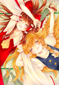 2girls absurdres ascot black_vest blonde_hair blush bottle bow braid brown_hair closed_eyes commentary_request detached_sleeves frilled_bow frilled_hair_tubes frills hair_bow hair_tubes hakurei_reimu highres holding holding_bottle kirisame_marisa long_hair lying marker_(medium) multiple_girls on_back open_mouth puffy_short_sleeves puffy_sleeves red_bow ribbon-trimmed_sleeves ribbon_trim short_sleeves side_braid single_braid skirt skirt_set sleeping touhou traditional_media vest white_bow yellow_ascot yuuki_hana_(jtnp5334)