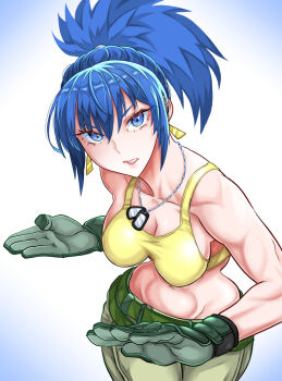 1girl abs bare_shoulders blue_eyes blue_hair breasts crop_top dog_tags earrings fighting_game hdun2273 jewelry leona_heidern midriff muscular muscular_female ponytail sleeveless solo tank_top the_king_of_fighters the_king_of_fighters_xv triangle_earrings yellow_tank_top