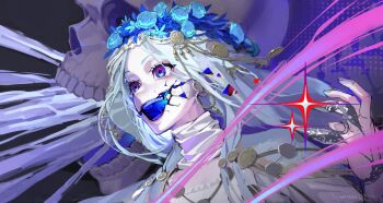 Rule 34 | 1girl, absurdres, artist name, blue eyes, blue surcoat, braid, choker, claw ring, cracked skin, doll joints, elden ring, elden ring nightreign, energy, flower wreath, head wreath, highres, joints, laser, low twin braids, open mouth, revenant (elden ring), signature, skeleton, solo, sparkle, spirit, srhk96, twin braids, upper body, veil, white choker, white hair
