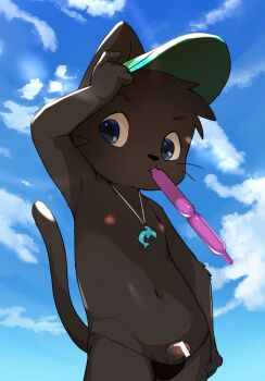 1boy animal_ears bar_censor black_male_swimwear blue_eyes blue_sky cat_boy cat_ears cat_tail censored cloud cowboy_shot day furry furry_male looking_at_viewer male_focus male_swimwear manmosu_marimo mouth_hold navel nipples original penis penis_out shota sky small_penis solo swim_briefs tail visor_cap white_fur