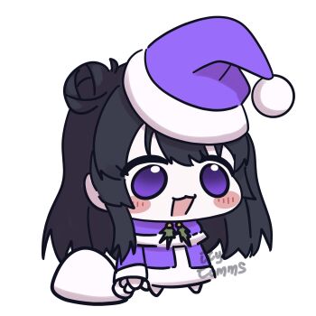 1girl black_hair blush_stickers capelet character_request chibi chibi_only commentary commission copyright_request dress english_commentary full_body fur-trimmed_capelet fur-trimmed_dress fur-trimmed_headwear fur_trim hair_bun hat highres holding holding_sack icy_artzy long_hair long_sleeves meme open_mouth padoru_(meme) purple_capelet purple_dress purple_eyes purple_hat sack santa_costume santa_hat simple_background single_hair_bun smile solo vgen_commission white_background