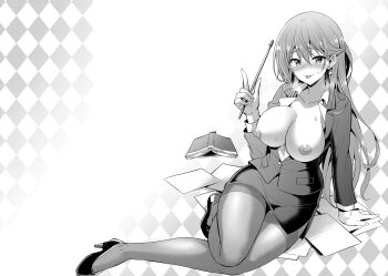 1girl :p arm_support blush boku_no_kanojo_sensei book breasts breasts_out breath checkered_background embarrassed eyebrows_hidden_by_hair feet female_focus fujiki_maka full_body high_heels highres holding large_breasts legs long_hair monochrome nipples no_bra oryo_(oryo04) pantyhose paper pencil_skirt pointer sdwing simple_background sitting skirt solo thighs tongue tongue_out
