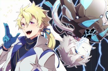 Rule 34 | 0nodera, 2boys, black shirt, blonde hair, blue eyes, blue gloves, blue ribbon, commentary request, dark persona, dual persona, electricity, gloves, grin, looking at viewer, male focus, multiple boys, multiple views, n-innocence, open mouth, pink eyes, ribbon, rotational symmetry, shirt, smile, takemikazuchi (n-innocence)