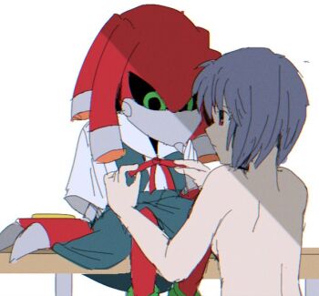 Rule 34 | ayanami rei, bare back, bench, bendedede, dressing another, green eyes, metal knuckles, neon genesis evangelion, nude, robot, school uniform, sonic (series), sonic r, sonic the hedgehog (classic), tokyo-3 middle school uniform, what