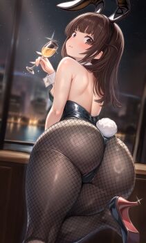 1girl absurdres akishino_yuzuki animal_ears ass bare_shoulders black_leotard blurry blurry_background blush breasts brown_eyes brown_hair champagne_flute commission cup da-negi detached_collar drinking_glass fake_animal_ears fake_tail fishnet_pantyhose fishnet_thighhighs fishnets high_heels highleg highleg_leotard highres holding holding_cup indoors leotard long_hair looking_at_viewer looking_back medium_breasts original pantyhose playboy_bunny rabbit_ears rabbit_tail skeb_commission smile solo strapless strapless_leotard tail thighhighs wrist_cuffs