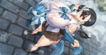 1girl absurdres ass black_eyes black_hair blue_sweater breasts candice_(pokemon) curvy gen_4_pokemon glaceon highres huge_ass huge_breasts kawahagitei long_hair miniskirt multi-tied_hair nintendo nipples pokemon pokemon_(creature) pokemon_dppt see-through_clothes shoes skirt sleeveless snow solo standing sweater wide_hips