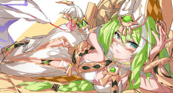 1girl ancient_egyptian_clothes arm_guards bandaged_arm bandages breasts chinese_commentary claw_ring commentary_request dress evzeva highres honkai_(series) honkai_impact_3rd long_hair looking_at_viewer lying medium_breasts mobius_(honkai_impact) mobius_(scorching_gravel)_(honkai_impact) mouth_veil official_alternate_costume on_side parted_lips slit_pupils snake solo veil very_long_hair white_dress