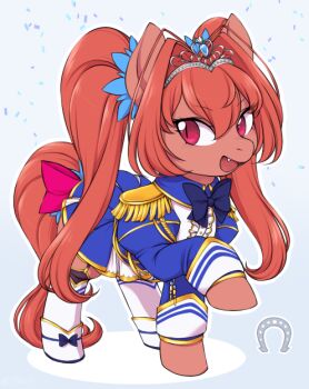 2nauti animal animal_focus animalization blue_background blue_bow blue_bowtie bow bowtie brown_hair clothed_animal commentary daiwa_scarlet_(peak_blue)_(umamusume) daiwa_scarlet_(umamusume) english_commentary fang full_body hair_between_eyes hair_intakes hooves horse long_hair looking_at_viewer my_little_pony my_little_pony:_friendship_is_magic no_humans open_mouth outline recursive_animalization red_bow red_eyes shirt simple_background skirt slit_pupils smile solo standing tail tail_bow tail_ornament tiara twintails umamusume very_long_hair white_outline