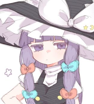 1girl 69_patchouli blunt_bangs bow cosplay expressionless hair_bow hat hat_bow highres jitome kirisame_marisa kirisame_marisa_(cosplay) long_hair multiple_hair_bows original patchouli_knowledge portrait purple_eyes purple_hair short_sleeves sketch solo touhou witch_hat