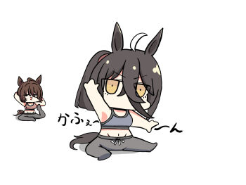 2girls agnes_tachyon_(umamusume) ahoge animal_ears arm_up armpits bare_arms bare_shoulders black_hair brown_eyes brown_hair chibi grey_pants groin highres horse_ears horse_girl horse_tail kawamochi_(kawauti919) looking_at_viewer manhattan_cafe_(umamusume) multicolored_hair multiple_girls navel no_shoes pants ponytail shadow simple_background solo_focus tail translation_request two-tone_hair umamusume white_background white_hair yoga yoga_pants