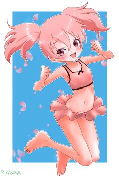 1girl bikini bikini_skirt blue_background blush collarbone dot_nose feet_up female_focus flat_chest full_body hands_up happy jumping kunoichi_tsubaki_no_mune_no_uchi loli looking_at_viewer matching_hair/eyes medium_hair navel open_mouth pink_bikini pink_eyes pink_hair rurito0725 simple_background smile solo swimsuit twintails two-tone_background ume_(kunoichi_tsubaki_no_mune_no_uchi) white_background