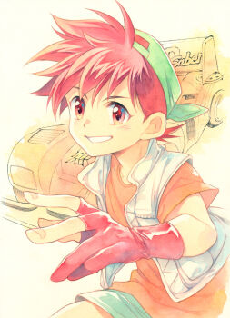 1boy agahari backwards_hat bakusou_kyoudai_let&#039;s_&amp;_go!! baseball_cap car commentary_request cowboy_shot gloves green_hat green_shorts hat looking_at_viewer male_focus motor_vehicle open_clothes open_vest orange_shirt partially_fingerless_gloves red_eyes red_gloves red_hair seiba_retsu shirt short_hair shorts smile solo vest white_vest