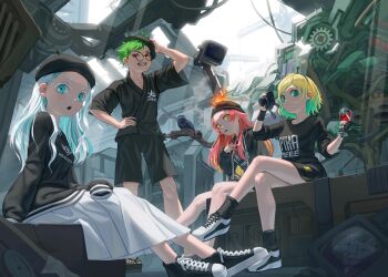 1boy 3girls :d :o absurdres amano_pikamee amano_pikamee_(voms_black) beanie beret black_hairband black_hat black_shirt black_shoes black_shorts black_socks blonde_hair blue_eyes blue_hair cigarette collarbone colored_inner_hair commentary commentary_request crate cup daimonji_ryugon dated dress drinking_glass english_commentary facial_mark fire gas_mask green_hair grin gyari_(bird) hair_down hairband hand_up haneuzu_miuneru hat highres hikasa_tomoshika holding holding_cup holding_mask light_rays long_hair long_sleeves looking_at_viewer mask monitor multicolored_hair multiple_girls open_mouth oxygenvil pleated_dress red_eyes red_hair revision shirt shoes short_hair short_sleeves shorts sitting sleeves_past_fingers sleeves_past_wrists smile smoking sneakers socks standing star_(symbol) star_facial_mark two-tone_hair virtual_youtuber voms white_dress white_hair wine_glass yellow_eyes