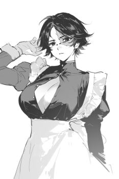 1girl alternate_costume apron beikupangxie breasts bridge_piercing enmaided face_piercing genderswap genderswap_(mtf) greyscale highres huge_breasts identity_v juliet_sleeves long_sleeves looking_at_viewer maid maid_apron middle_part monochrome norton_campbell parted_lips partially_unbuttoned piercing puffy_sleeves short_hair solo strap_slip waist_apron