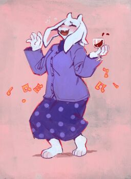 1girl alcohol animal_ears barefoot beamed_eighth_notes blush closed_eyes collared_shirt cup deltarune dizzy drinking_glass drunk eyelashes fangs furry furry_female goat_ears goat_girl goat_horns highres holding holding_cup horns laughing music musical_note open_mouth pink_background polka_dot polka_dot_skirt purple_shirt purple_skirt red_wine shirt skin_fangs skirt snout spilling spoilers starcat_bloom toriel utdr_(toby_fox) white_fur wine wine_glass
