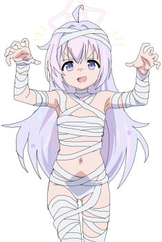 1girl :d ahoge armpits arms_up blue_archive blue_hair commentary_request halo highres long_hair multicolored_hair mummy_costume navel open_mouth panties pink_hair pink_halo purple_eyes reisa_(blue_archive) riokasen simple_background smile solo standing star_halo underwear v-shaped_eyebrows white_background white_panties