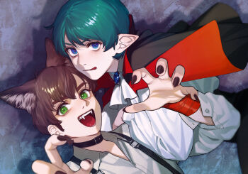 2boys :q animal_ears ascot bad_id bad_pixiv_id bandaged_wrist bandages belt_collar black_cape blue_eyes blue_hair brown_hair brown_nails cape claw_pose collar fangs fingernails green_eyes gundam gundam_zz halloween hand_on_another&#039;s_shoulder judau_ashta kamille_bidan licking_lips long_sleeves looking_at_viewer male_focus multiple_boys open_mouth pointy_ears sharp_fingernails shion_(ajisionn) shirt short_hair smile suspenders tongue tongue_out vampire white_ascot white_shirt wolf_boy wolf_ears