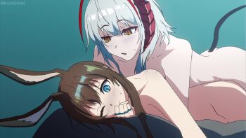 2girls age_difference amiya_(arknights) animated antennae aqua_background arknights artist_name ass blue_eyes brown_hair closed_mouth completely_nude demon_girl demon_horns demon_tail evalithfog fang horns hug implied_futanari implied_sex jewelry looping_animation multiple_girls multiple_rings nude older_female_and_younger_female one_eye_closed open_mouth rabbit_ears rabbit_girl red_horns ring sex sex_from_behind sweat tagme tail twitter_username video w_(arknights) white_hair wide-eyed wis'adel_(arknights) yellow_eyes yuri