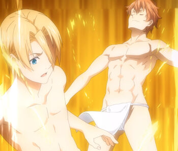 2boys abs absurdres anime_screenshot blonde_hair blue_eyes closed_eyes closed_mouth cowboy_shot fundoshi hair_over_one_eye highres isshiki_satoshi japanese_clothes male_focus multiple_boys orange_hair outstretched_arms shokugeki_no_souma stitched takumi_aldini third-party_edit yellow_background