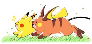 Rule 34 | animal focus, black eyes, closed mouth, commentary, english commentary, flower, gen 1 pokemon, gotchibam, grass, happy, leaf, nintendo, no humans, pikachu, pokemon, pokemon (creature), pokemon focus, raichu, running, smile, white background