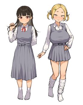 2girls bad_tag black_hair blonde_hair blunt_bangs blush breasts dress full_body grey_dress hair_ornament hand_on_own_hip kono_(yuri_kotone_ero) large_breasts long_hair long_sleeves looking_at_viewer multiple_girls pinafore_dress red_eyes school_uniform shirt short_hair short_twintails simple_background sleeveless_dress smile socks standing takenoko_no_you twintails white_background white_shirt