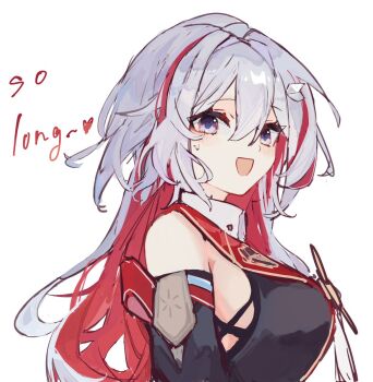 1girl alternate_hair_length alternate_hairstyle bare_shoulders breasts commentary_request english_text engrish_text hair_between_eyes highres honkai:_star_rail honkai_(series) long_hair looking_at_viewer multicolored_eyes multicolored_hair nonoko_(nocnnc_0228) open_mouth ranguage red_hair simple_background sleeveless solo standing topaz_(honkai:_star_rail) upper_body white_background white_hair