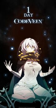 1girl artist_name bandaged_arm bandaged_leg bandages black_background breasts cape code_vein hair_between_eyes highres hood io_(code_vein) kurumi_kobayashi large_breasts official_art open_mouth pale_skin seiza simple_background sitting thick_thighs thighs torn_clothes white_hair yellow_eyes