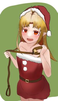 Rule 34 | 1girl, ahoge, belt, brown eyes, collar, commentary request, dress, elf, hat, highres, holding, holding collar, looking at viewer, lucy greyrat, medium hair, mushoku tensei, pointy ears, red eyes, santa costume, santa dress, santa hat, solo, yamayama 2613