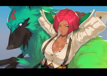 1girl absurdres arms_behind_head black_border blue_eyes border brazil breasts cleavage dark-skinned_female dark_skin facial_mark female_focus forehead_mark giovanna_(guilty_gear) green_fur guilty_gear guilty_gear_strive highres huge_breasts ippo partially_unbuttoned police_badge red_hair short_hair suspenders upper_body wolf