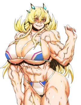 1girl abs absurdres bare_shoulders barghest_(fate) barghest_(swimsuit_archer)_(final_ascension)_(fate) biceps bikini biting_own_lip blonde_hair blush breasts cleavage commentary fate/grand_order fate_(series) green_eyes highres horns huge_breasts long_hair looking_at_viewer minew multicolored_bikini muscular muscular_female navel solo swimsuit thick_thighs thighs white_bikini